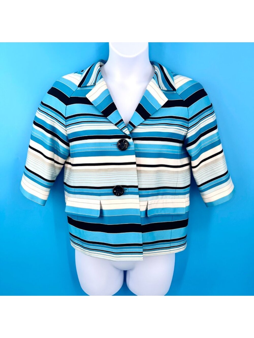 TALBOTS BLUE STRIPED CROP 3/4 SLEEVE BLAZER - 8